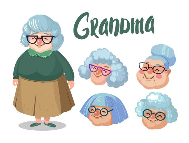 ilustraciones, imágenes clip art, dibujos animados e iconos de stock de abuela de personaje con diferentes caras. ilustración de dibujos animados. - grandmother