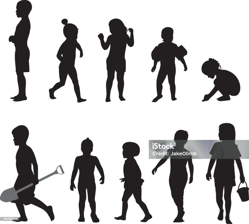 Beach Kids Silhouettes Vector silhouettes of a group of children in swimwear playing. Child stock vector