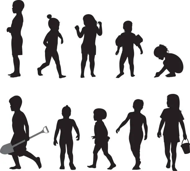 Vector illustration of Beach Kids Silhouettes