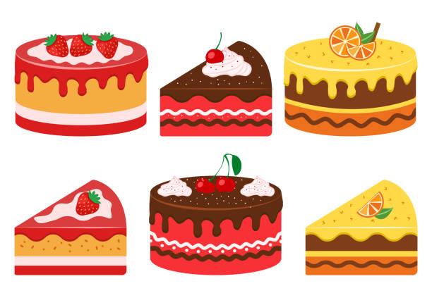 bildbanksillustrationer, clip art samt tecknat material och ikoner med uppsättning av fruktkakor, hela och skiva. jordgubbar, körsbär och citrus. vektorillustration - strawberry cake