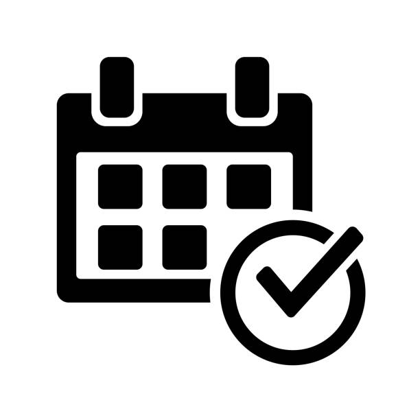 일정 및 확인 표시, 흰색 배경에 고립 된 블랙 아이콘 벡터 일러스트 레이 션 - calendar personal organizer clock diary stock illustrations