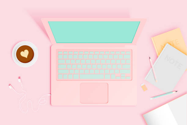 istock Workspace flat lay stationery in paper art style with pastel color scheme 993243034