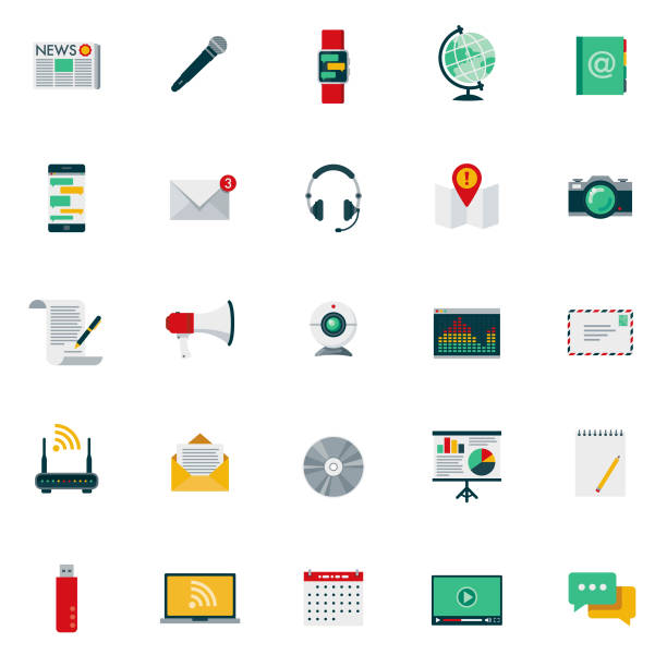 ilustrações de stock, clip art, desenhos animados e ícones de flat design communications icon set - address book audio