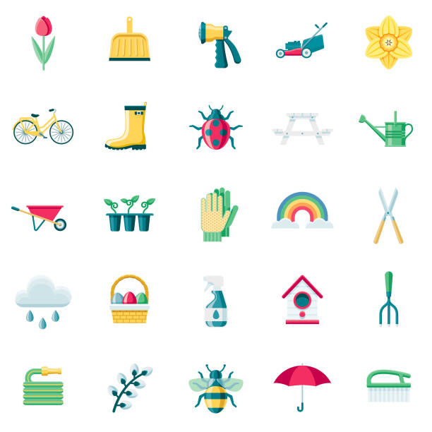 Spring Flat Design Icon Set A set of 25 spring flat design icons on a transparent background. File is built in the CMYK color space for optimal printing. Color swatches are Global for quick and easy color changes. lawn mower clip art stock illustrations