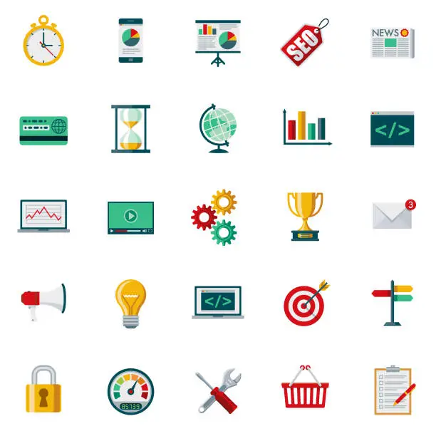 Vector illustration of Search Engine Optimization (SEO) Flat Design Icon Set