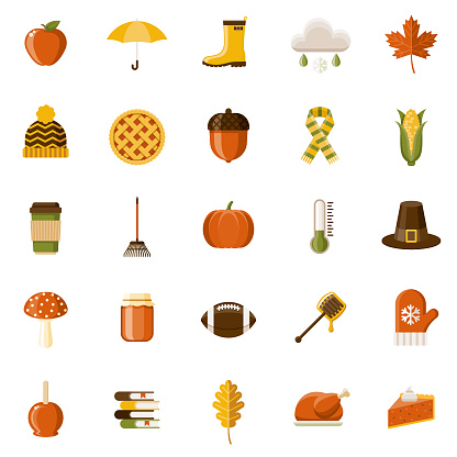 A set of 25 autumn themed flat design icons on a transparent background. File is built in the CMYK color space for optimal printing. Color swatches are Global for quick and easy color changes.