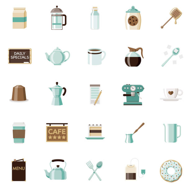 ilustraciones, imágenes clip art, dibujos animados e iconos de stock de diseño plano café & té conjunto de iconos - spoon honey cute jar