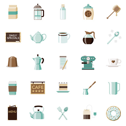 A set of 25 coffee and tea flat design icons on a transparent background. File is built in the CMYK color space for optimal printing. Color swatches are Global for quick and easy color changes.