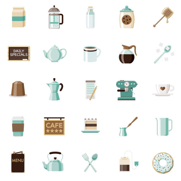 Flat Design Coffee & Tea Icon Set A set of 25 coffee and tea flat design icons on a transparent background. File is built in the CMYK color space for optimal printing. Color swatches are Global for quick and easy color changes. coffee pot stock illustrations