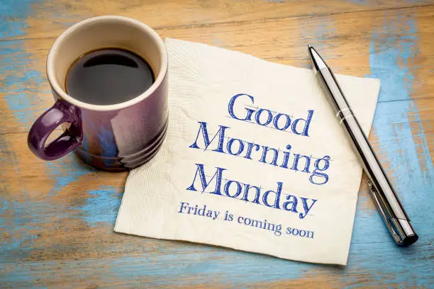 Good Morning Monday, Friday is coming soon - handwriting on a napkin with a cup of coffee