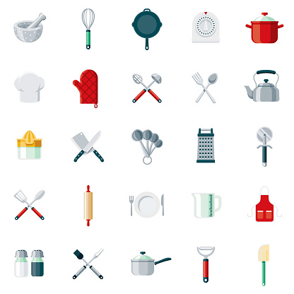 A set of 25 kitchen tools flat design icons on a transparent background. File is built in the CMYK color space for optimal printing. Color swatches are Global for quick and easy color changes.