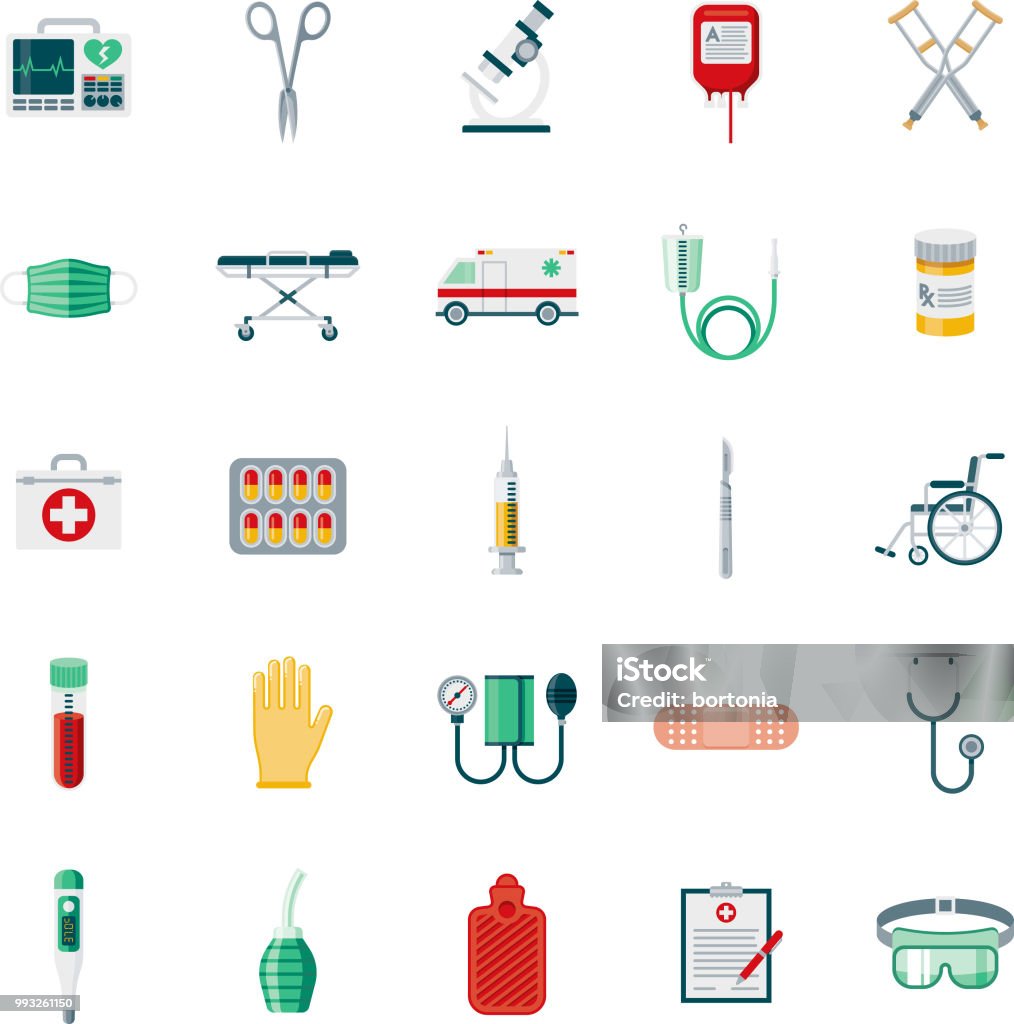 Conjunto de iconos de diseño plano de suministros médicos - arte vectorial de Asistencia sanitaria y medicina libre de derechos