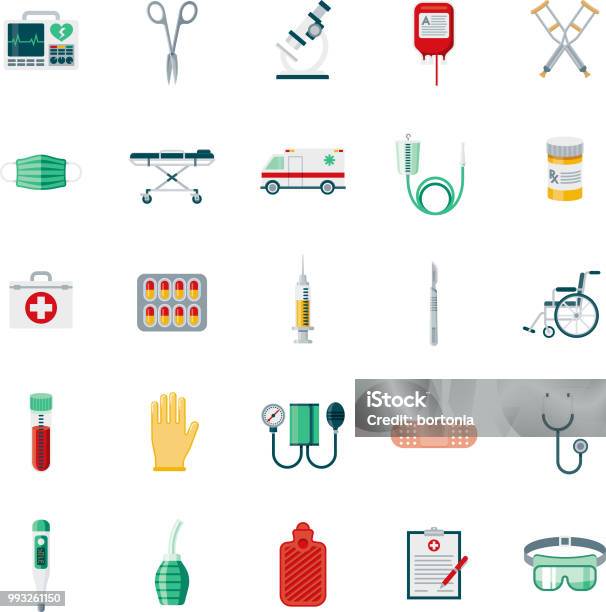 Ilustración de Conjunto De Iconos De Diseño Plano De Suministros Médicos y más Vectores Libres de Derechos de Asistencia sanitaria y medicina
