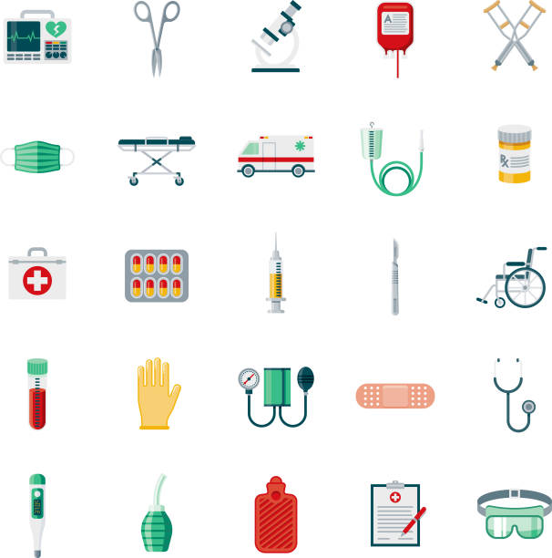 Medical Supplies Flat Design Icon Set A set of 25 medical supplies flat design icons on a transparent background. File is built in the CMYK color space for optimal printing. Color swatches are Global for quick and easy color changes. medical equipment stock illustrations
