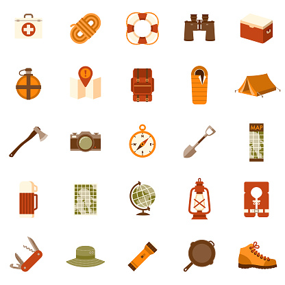 A set of 25 camping and outdoor adventure flat design icons on a transparent background. File is built in the CMYK color space for optimal printing. Color swatches are Global for quick and easy color changes.