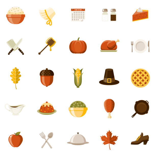 Flat Design Thanksgiving Icon Set A set of 25 Thanksgiving flat design icons on a transparent background. File is built in the CMYK color space for optimal printing. Color swatches are Global for quick and easy color changes. thanksgiving dinner stock illustrations