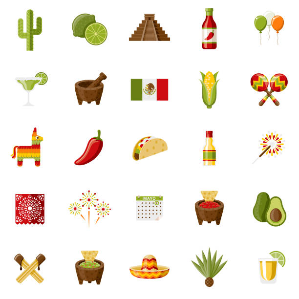 Mexico Flat Design Icon Set A set of 25 Mexico and Cinco de Mayo flat design icons on a transparent background. File is built in the CMYK color space for optimal printing. Color swatches are Global for quick and easy color changes. tequila drink illustrations stock illustrations