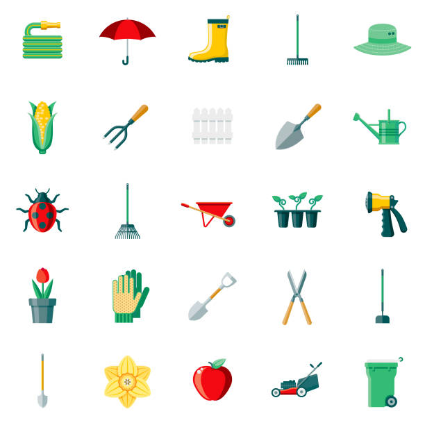 gartenarbeit lieferungen flaches design icon-set - gardening shovel trowel flower stock-grafiken, -clipart, -cartoons und -symbole