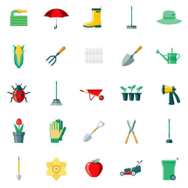 illustrazioni stock, clip art, cartoni animati e icone di tendenza di set di icone di design piatto delle forniture da giardinaggio - gardening shovel trowel flower