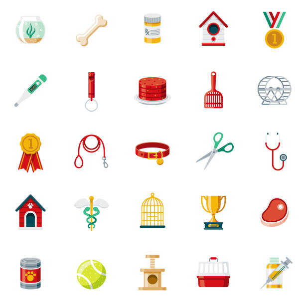 Flat Design Pet Care Icon Set A set of 25 pet care supplies flat design icons on a transparent background. File is built in the CMYK color space for optimal printing. Color swatches are Global for quick and easy color changes. dog with ribbon stock illustrations
