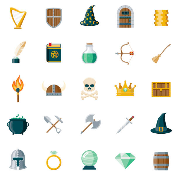 ilustraciones, imágenes clip art, dibujos animados e iconos de stock de conjunto de iconos de diseño plano de fantasía - wizard magic broom stick