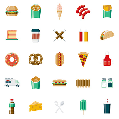 A set of 25 fast food flat design icons on a transparent background. File is built in the CMYK color space for optimal printing. Color swatches are Global for quick and easy color changes.