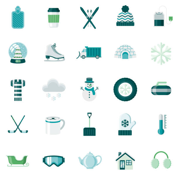 Winter Flat Design Icon Set A set of 25 winter flat design icons on a transparent background. File is built in the CMYK color space for optimal printing. Color swatches are Global for quick and easy color changes. snow skiing stock illustrations