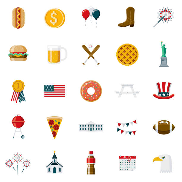 Flat Design USA Icon Set A set of 25 United States of America flat design icons on a transparent background. File is built in the CMYK color space for optimal printing. Color swatches are Global for quick and easy color changes. usa flag shoes stock illustrations