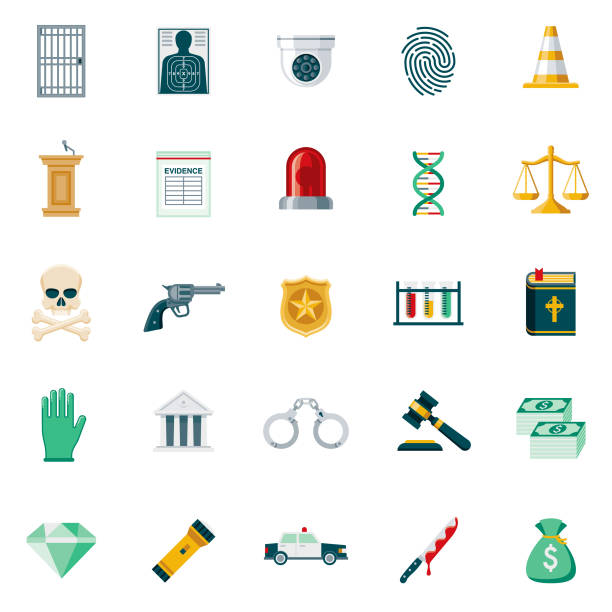 crime & punishment flat design icon set - forensic science flash stock illustrations