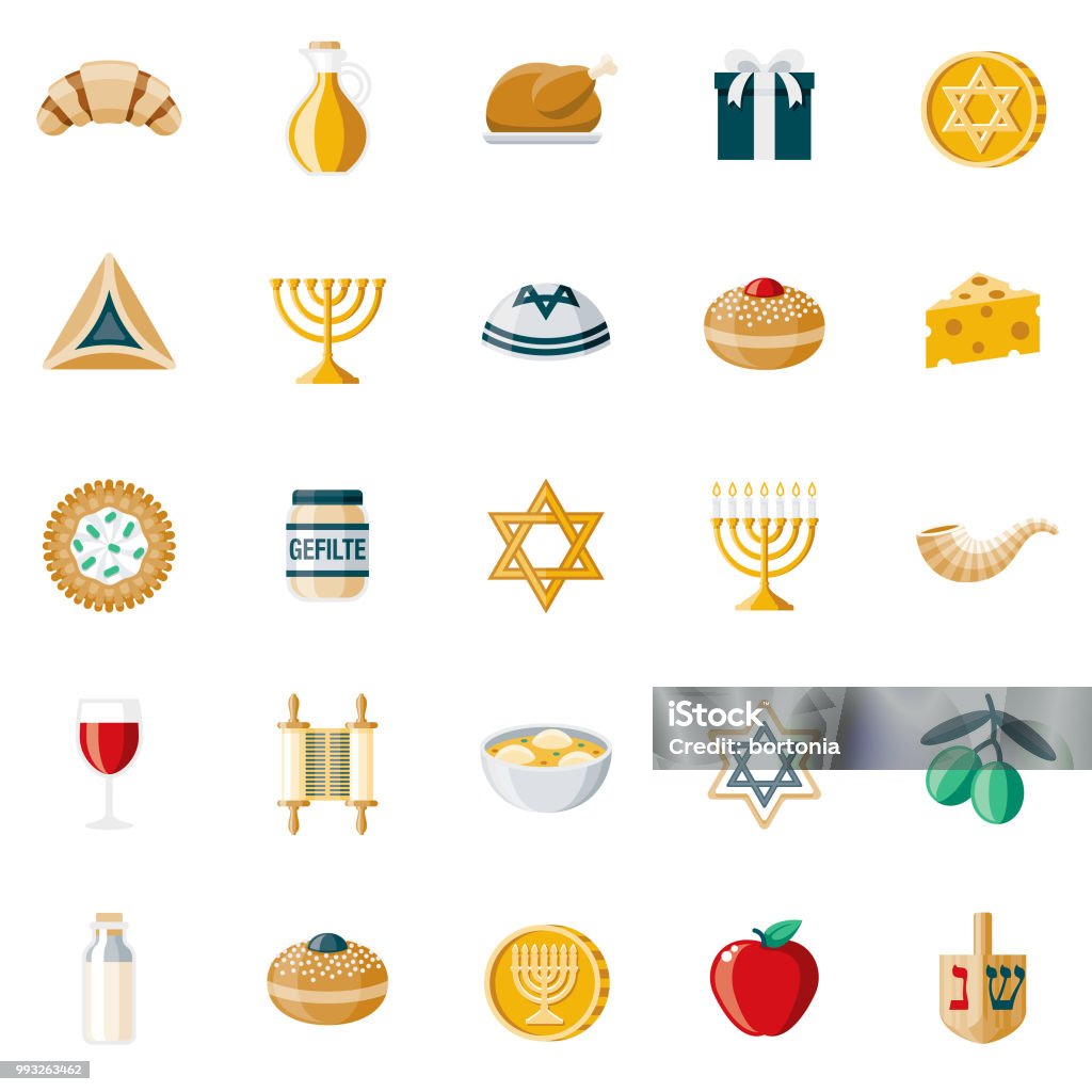 Hanukkah Flat Design Icon Set A set of 25 Hanukkah flat design icons on a transparent background. File is built in the CMYK color space for optimal printing. Color swatches are Global for quick and easy color changes. Hanukkah stock vector