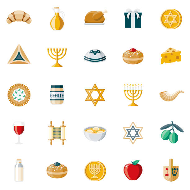 A set of 25 Hanukkah flat design icons on a transparent background. File is built in the CMYK color space for optimal printing. Color swatches are Global for quick and easy color changes.