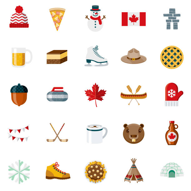 ilustraciones, imágenes clip art, dibujos animados e iconos de stock de conjunto de iconos de diseño plano canadá - canadian flag illustrations