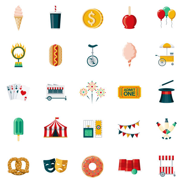 Carnival & Circus Flat Design Icon Set A set of 25 carnival and travelling circus flat design icons on a transparent background. File is built in the CMYK color space for optimal printing. Color swatches are Global for quick and easy color changes. traveling carnival illustrations stock illustrations