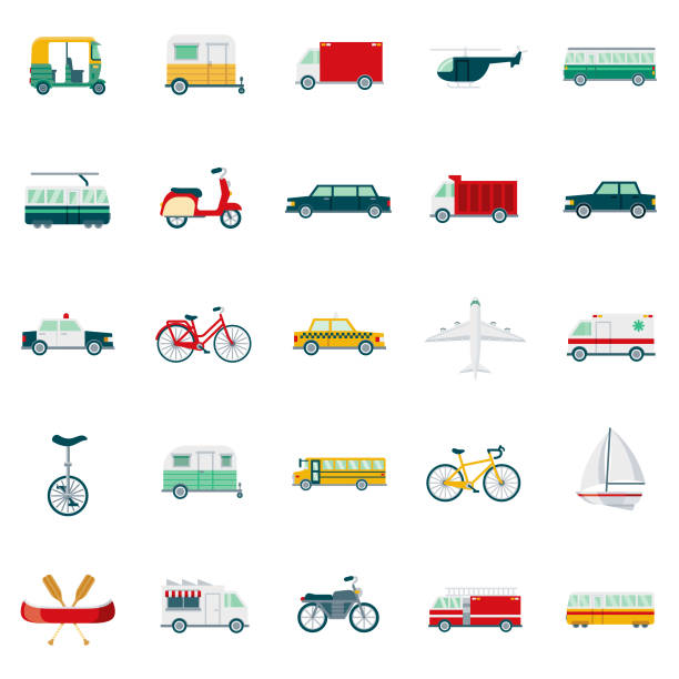 illustrazioni stock, clip art, cartoni animati e icone di tendenza di set di icone di design piatto di trasporto - tipo di trasporto illustrazioni