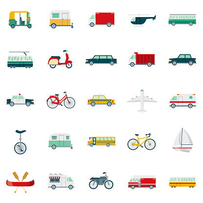 A set of 25 transportation and vehicles flat design icons on a transparent background. File is built in the CMYK color space for optimal printing. Color swatches are Global for quick and easy color changes.