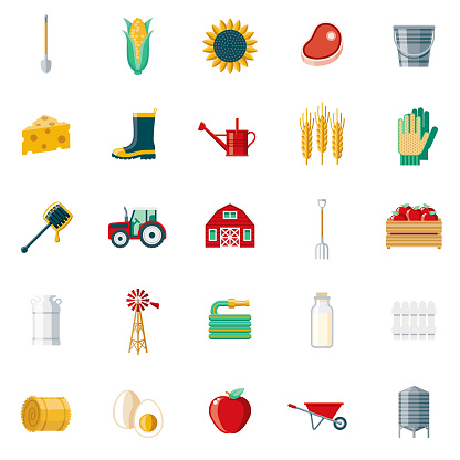 A set of 25 farming and agriculture flat design icons on a transparent background. File is built in the CMYK color space for optimal printing. Color swatches are Global for quick and easy color changes.