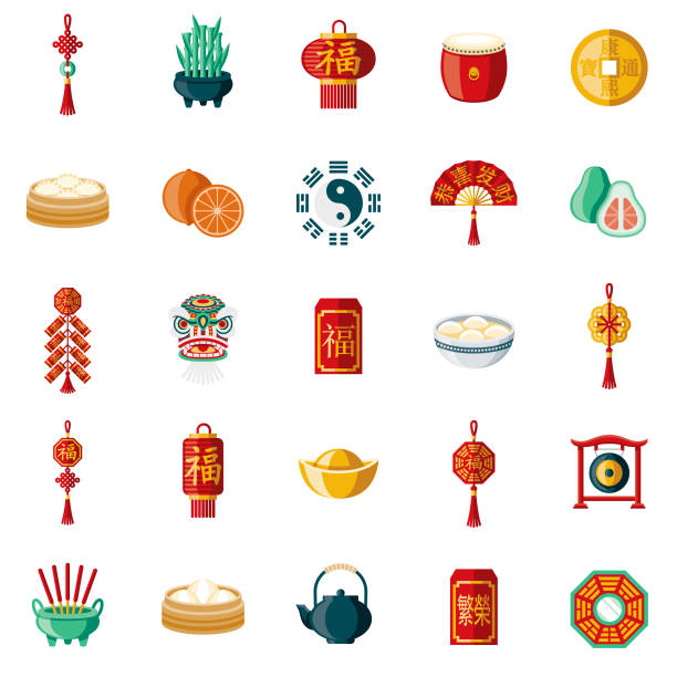 illustrazioni stock, clip art, cartoni animati e icone di tendenza di set di icone del design piatto di capodanno cinese - gold ingot coin bullion