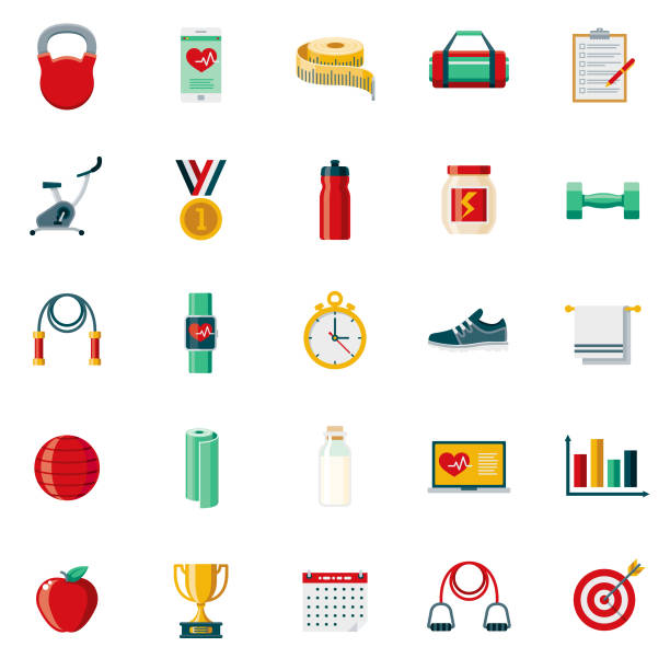 Flat Design Fitness Icon Set A set of 25 gym and fitness flat design icons on a transparent background. File is built in the CMYK color space for optimal printing. Color swatches are Global for quick and easy color changes. weight illustrations stock illustrations