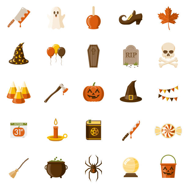 Halloween Flat Design Icon Set A set of 25 Halloween flat design icons on a transparent background. File is built in the CMYK color space for optimal printing. Color swatches are Global for quick and easy color changes. halloween icons stock illustrations