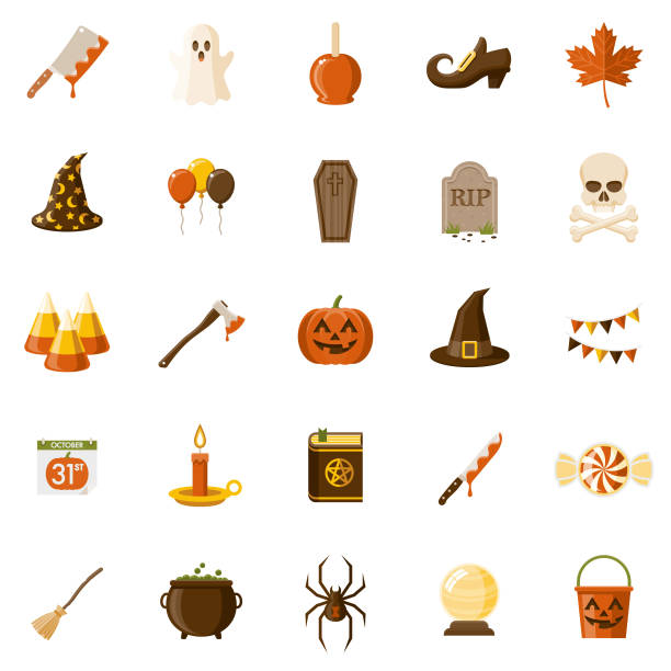 Halloween Flat Design Icon Set A set of 25 Halloween flat design icons on a transparent background. File is built in the CMYK color space for optimal printing. Color swatches are Global for quick and easy color changes. bloody axe clip art stock illustrations