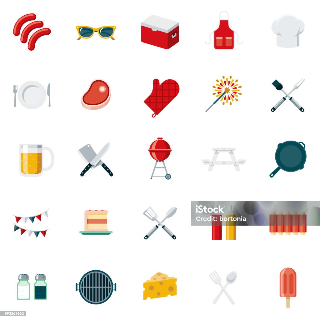 BBQ Flat Design Icon Set A set of 25 barbecue flat design icons on a transparent background. File is built in the CMYK color space for optimal printing. Color swatches are Global for quick and easy color changes. Barbecue - Meal stock vector