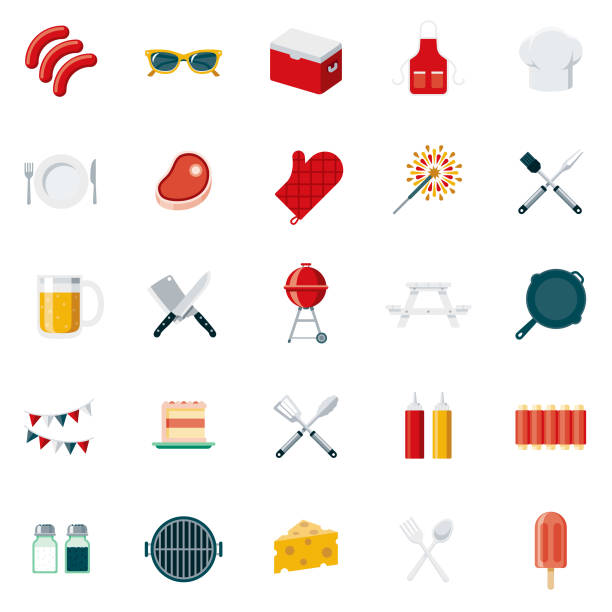 BBQ Flat Design Icon Set A set of 25 barbecue flat design icons on a transparent background. File is built in the CMYK color space for optimal printing. Color swatches are Global for quick and easy color changes. clip art of a forks stock illustrations