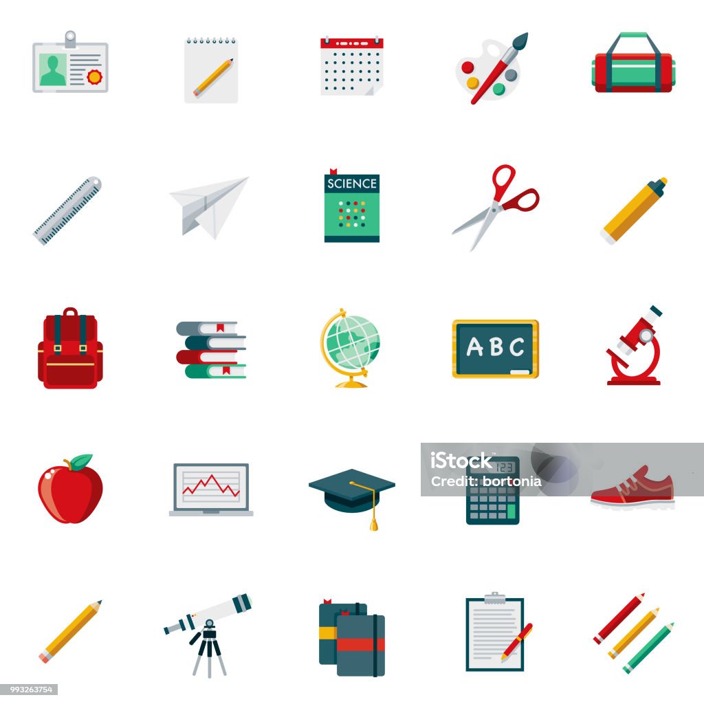 School Supplies Flat Design Icon Set A set of 25 school supplies flat design icons on a transparent background. File is built in the CMYK color space for optimal printing. Color swatches are Global for quick and easy color changes. Education stock vector