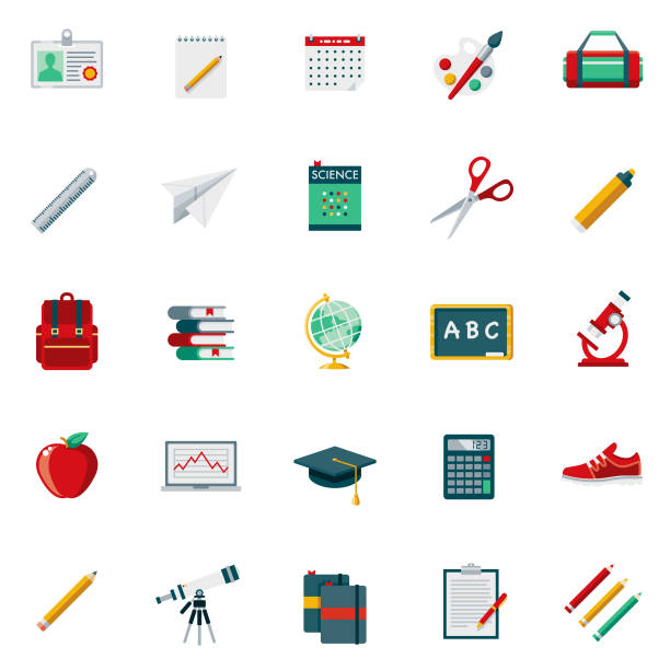 School Supplies Flat Design Icon Set A set of 25 school supplies flat design icons on a transparent background. File is built in the CMYK color space for optimal printing. Color swatches are Global for quick and easy color changes. clipart of school supplies stock illustrations