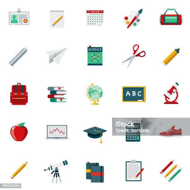 School Supplies Flat Design Icon Set Stock Illustration - Download Image Now - Education, School Building, School Supplies