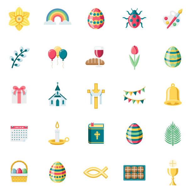 Flat Design Easter Icon Set A set of 25 Easter flat design icons on a transparent background. File is built in the CMYK color space for optimal printing. Color swatches are Global for quick and easy color changes. church clipart stock illustrations