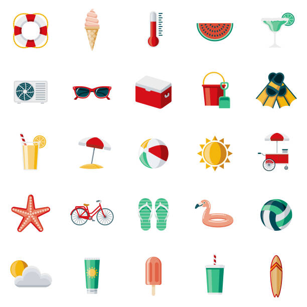 Summer Flat Design Icon Set A set of 25 summer flat design icons on a transparent background. File is built in the CMYK color space for optimal printing. Color swatches are Global for quick and easy color changes. sports ball illustrations stock illustrations