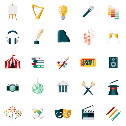 A set of 25 fine arts flat design icons on a transparent background. File is built in the CMYK color space for optimal printing. Color swatches are Global for quick and easy color changes.