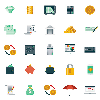 A set of 25 banking and finance flat design icons on a transparent background. File is built in the CMYK color space for optimal printing. Color swatches are Global for quick and easy color changes.