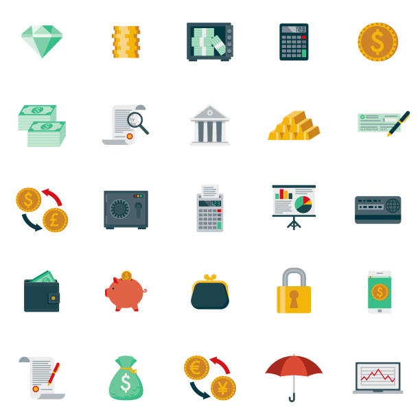 Flat Design Banking and Finance Icon Set A set of 25 banking and finance flat design icons on a transparent background. File is built in the CMYK color space for optimal printing. Color swatches are Global for quick and easy color changes. banking clipart stock illustrations
